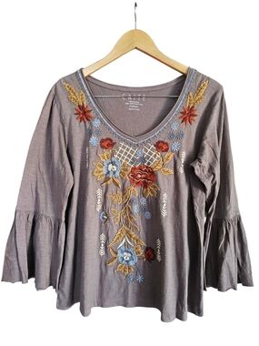Caite Taupe Floral Embroidered V-Neck Bell Sleeve Tunic